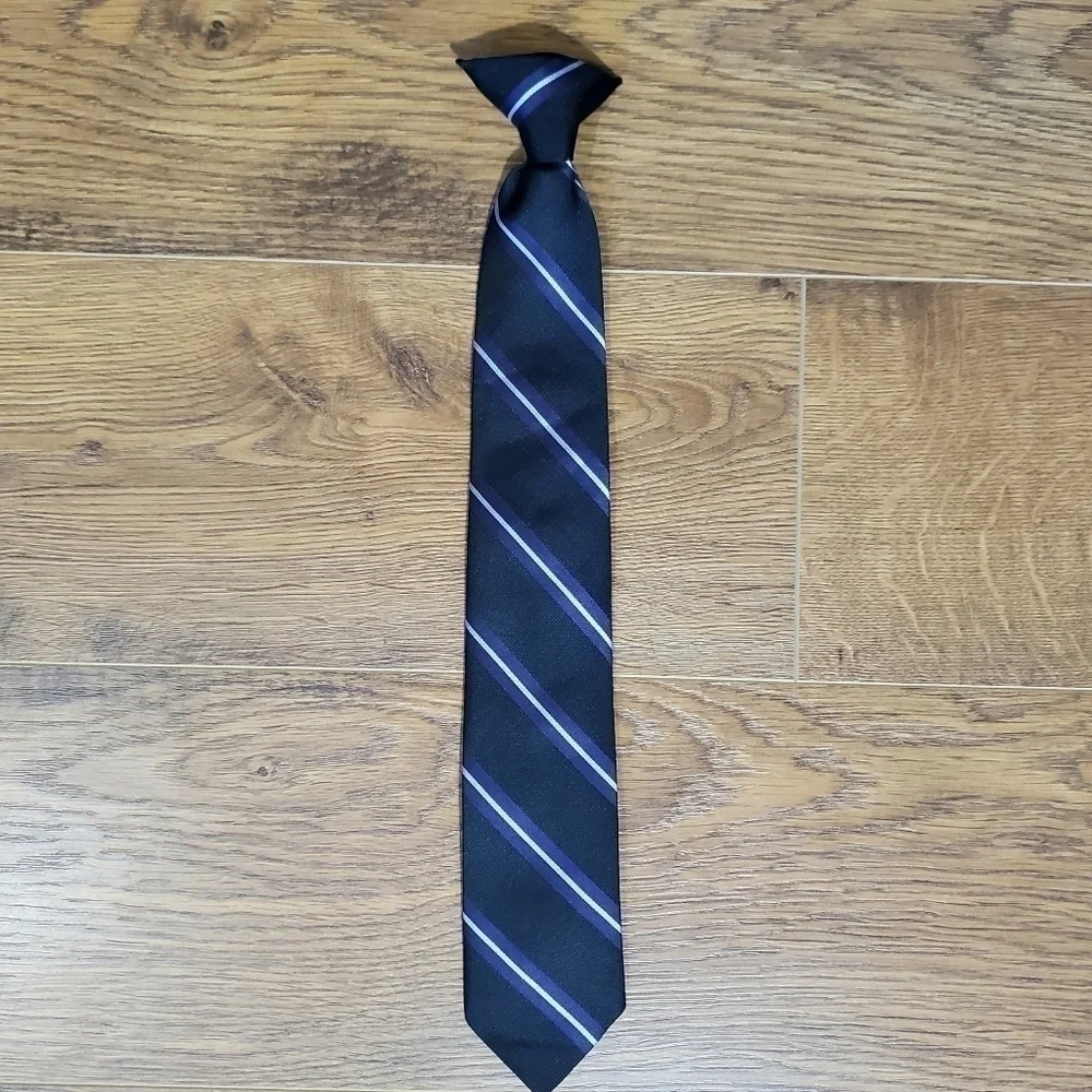CLIP On Striped Necktie Tie Black Purple Silver Striped Young Boys